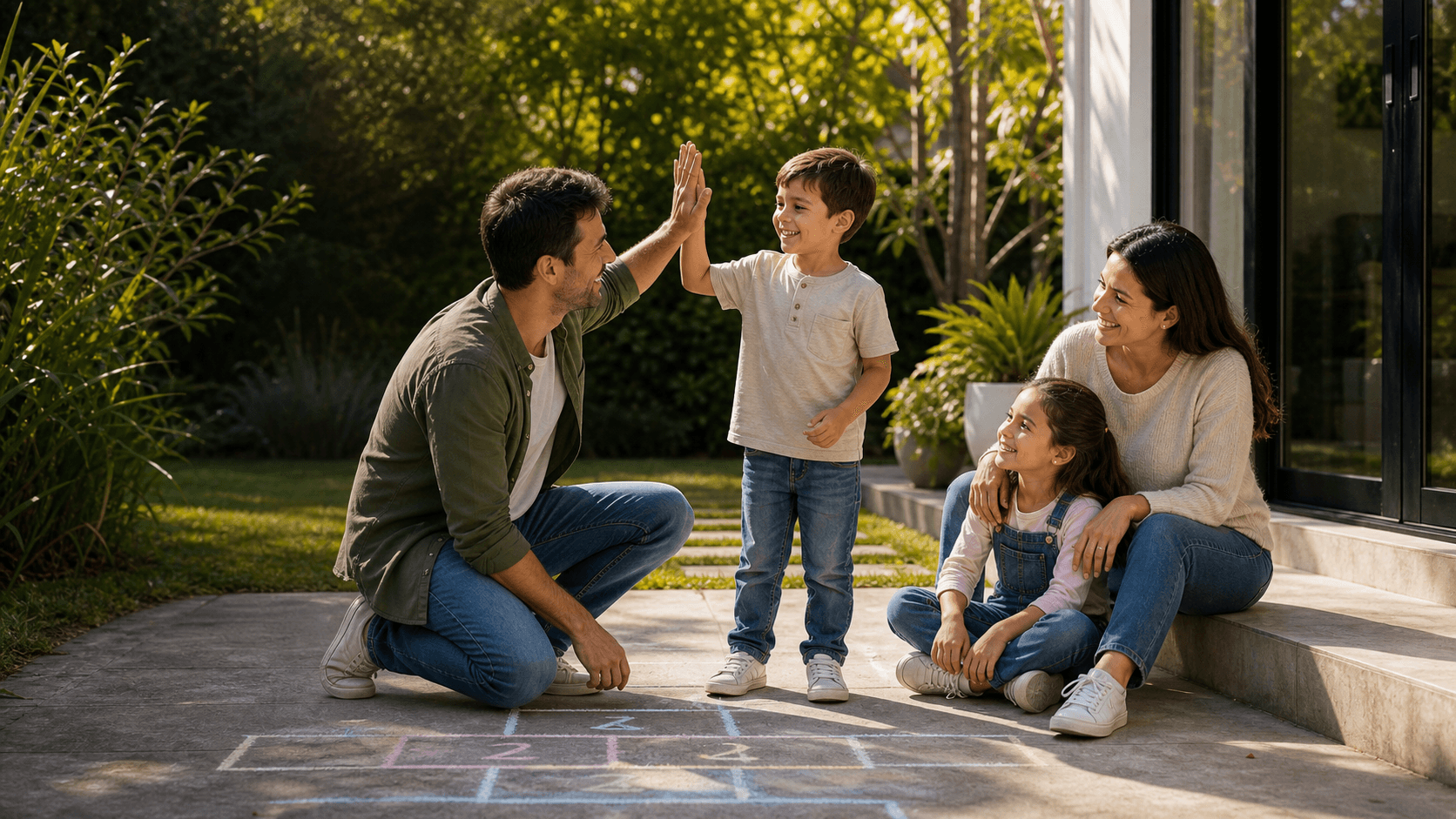 Una familia comparte un juego de luche en el jardín